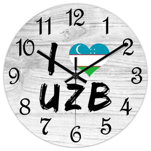 COCOKEN I Love Uzbekistan Wooden Wall Clock Uzbekistan National Flag Quiet Digital Round Wall Clock Wood Clock Stylish Wall Decor Home Decor Clock for Dining Room Farmhouse - 2