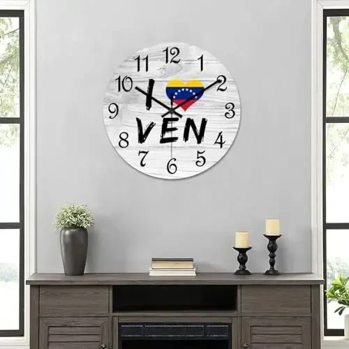 COCOKEN I Love Venezuela Round Wall Clock Venezuela National Flag Clock Wall Art Wood Clock Silent Non-Ticking Decorative Wall Clock for Living Room Bedroom Kitchen 10