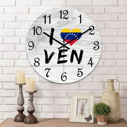 COCOKEN I Love Venezuela Round Wall Clock Venezuela National Flag Clock Wall Art Wood Clock Silent Non-Ticking Decorative Wall Clock for Living Room Bedroom Kitchen 10