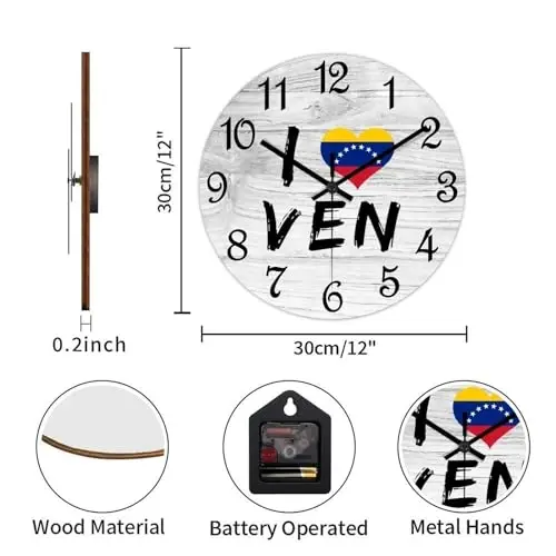 COCOKEN I Love Venezuela Wall Clock Wood Clock,Venezuela National Flag Round Wooden Clock Gifts Novelty Wall Clock for Home Kitchen Living Room Office 12 X 12 Inch - 3