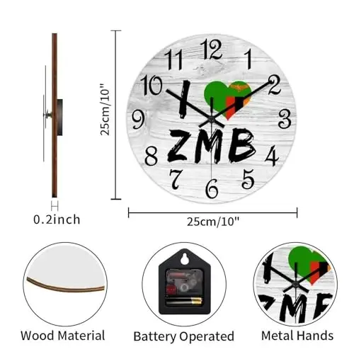 COCOKEN I Love Zambia Round Wall Clock Zambia National Flag Clock Wall Art Wood Clock Silent Non-Ticking Decorative Wall Clock for Living Room Bedroom Kitchen 10