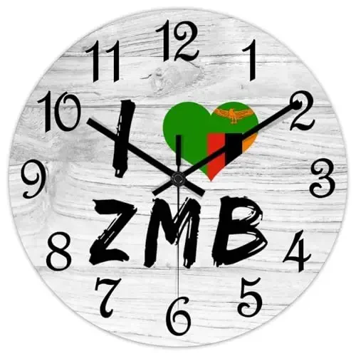 COCOKEN I Love Zambia Wooden Wall Clock Zambia National Flag Hanging Wall Clock Battery Operated Non-Ticking Sweep 12 Inch Rustic Chic Farmhouse Wall Clock for Wall Laundry - 2