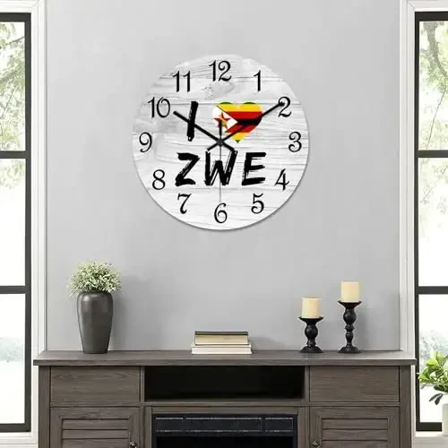 COCOKEN I Love Zimbabwe Wooden Wall Clock Zimbabwe National Flag Hanging Wall Clock Battery Operated Non-Ticking Sweep 15 Inch Rustic Chic Farmhouse Wall Clock for Wall Laundry - 6