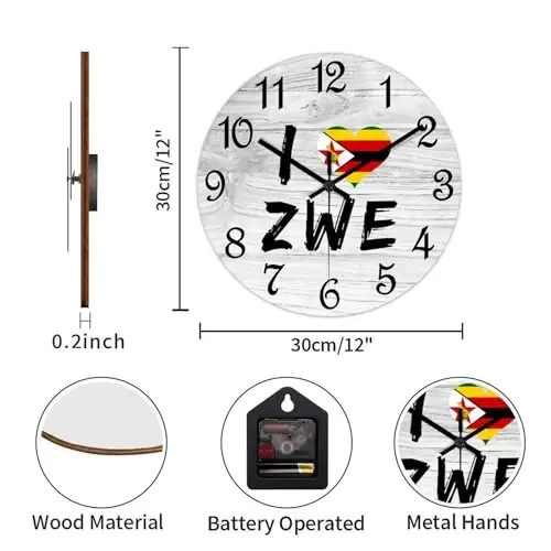 COCOKEN I Love Zimbabwe Wooden Wall Clock Zimbabwe National Flag Quiet Digital Round Wall Clock Wood Clock Stylish Wall Decor Home Decor Clock for Dining Room Farmhouse - 3