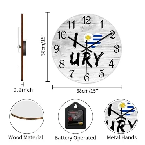 COCOKEN Men Urugvay Round Wall Clock Urugvay Milliy Bayrog'i Soat Devor San'ati Yog'och Soat Jim Tıklamasız Dekorativ Devor Soati Yashash Xonasi Yotoq Xonasi Oshxona uchun 15