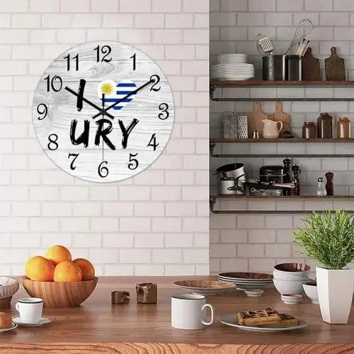COCOKEN Men Urugvay Round Wall Clock Urugvay Milliy Bayrog'i Soat Devor San'ati Yog'och Soat Jim Tıklamasız Dekorativ Devor Soati Yashash Xonasi Yotoq Xonasi Oshxona uchun 15