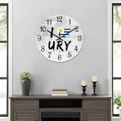COCOKEN Men Urugvay Round Wall Clock Urugvay Milliy Bayrog'i Soat Devor San'ati Yog'och Soat Jim Tıklamasız Dekorativ Devor Soati Yashash Xonasi Yotoq Xonasi Oshxona uchun 15