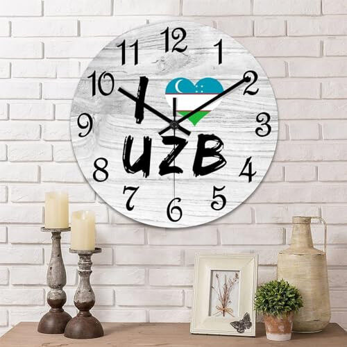 COCOKEN I Love Uzbekistan Wooden Wall Clock Uzbekistan National Flag Quiet Digital Round Wall Clock Wood Clock Stylish Wall Decor Home Decor Clock for Dining Room Farmhouse - COCOKEN