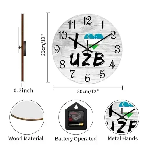 COCOKEN I Love Uzbekistan Round Wooden Clock for Wall Decor Uzbekistan National Flag Farmhouse Wall Clock 12 Inch Silent Non-Ticking Wood Clock for Office Classroom Wall Art - 3