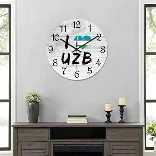 COCOKEN I Love Uzbekistan Round Wooden Clock for Wall Decor Uzbekistan National Flag Farmhouse Wall Clock 12 Inch Silent Non-Ticking Wood Clock for Office Classroom Wall Art - 6