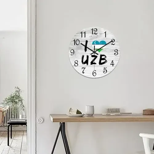 COCOKEN I Love Uzbekistan Round Wooden Clock for Wall Decor Uzbekistan National Flag Farmhouse Wall Clock 12 Inch Silent Non-Ticking Wood Clock for Office Classroom Wall Art - 7