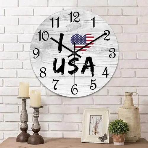 COCOKEN United States Wooden Wall Clock United States National Flag Hanging Wall Clock Battery Operated Non-Ticking Sweep 15 Inch Rustic Chic Farmhouse Wall Clock for Wall Laundry 