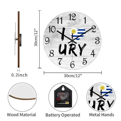 COCOKEN I Love Uruguay Wooden Wall Clock Uruguay National Flag Quiet Digital Round Wall Clock Wood Clock Stylish Wall Decor Home Decor Clock for Dining Room Farmhouse - 3