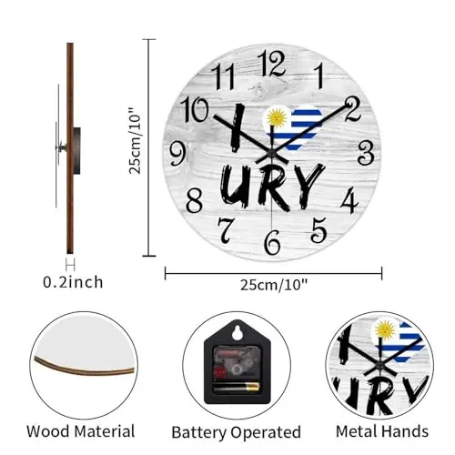 COCOKEN I Love Uruguay Wall Clock Wood Clock,Uruguay National Flag Round Wooden Clock Gifts Novelty Wall Clock for Home Kitchen Living Room Office 10 X 10 Inch - 3