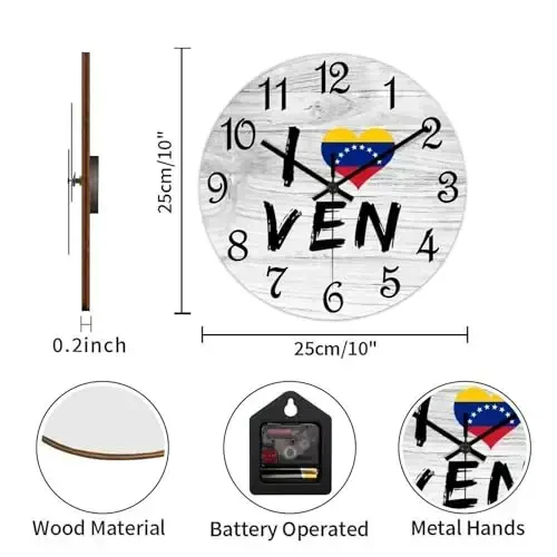 COCOKEN I Love Venezuela Round Wall Clock Venezuela National Flag Clock Wall Art Wood Clock Silent Non-Ticking Decorative Wall Clock for Living Room Bedroom Kitchen 10