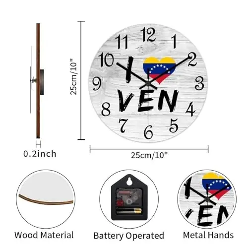 COCOKEN I Love Venezuela Round Wall Clock Venezuela National Flag Clock Wall Art Wood Clock Silent Non-Ticking Decorative Wall Clock for Living Room Bedroom Kitchen 10