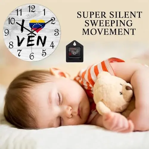 COCOKEN I Love Venezuela Round Wall Clock Venezuela National Flag Clock Wall Art Wood Clock Silent Non-Ticking Decorative Wall Clock for Living Room Bedroom Kitchen 10