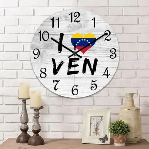 COCOKEN I Love Venezuela Round Wall Clock Venezuela National Flag Clock Wall Art Wood Clock Silent Non-Ticking Decorative Wall Clock for Living Room Bedroom Kitchen 10