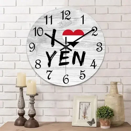 COCOKEN I Love Yemen Wooden Wall Clock Yemen National Flag Quiet Digital Round Wall Clock Wood Clock Stylish Wall Decor Home Decor Clock for Dining Room Farmhouse 