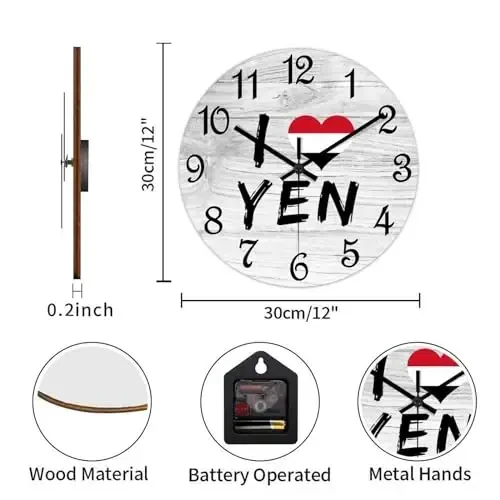 COCOKEN I Love Yemen Wooden Wall Clock Yemen National Flag Hanging Wall Clock Battery Operated Non-Ticking Sweep 12 Inch Rustic Chic Farmhouse Wall Clock for Wall Laundry - 3