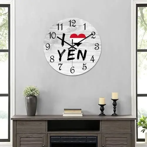 COCOKEN I Love Yemen Wooden Wall Clock Yemen National Flag Hanging Wall Clock Battery Operated Non-Ticking Sweep 12 Inch Rustic Chic Farmhouse Wall Clock for Wall Laundry - 6
