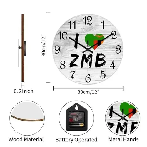 COCOKEN I Love Zambia Wooden Wall Clock Zambia National Flag Hanging Wall Clock Battery Operated Non-Ticking Sweep 12 Inch Rustic Chic Farmhouse Wall Clock for Wall Laundry - 3