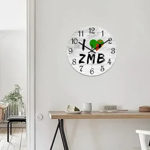COCOKEN I Love Zambia Wooden Wall Clock Zambia National Flag Hanging Wall Clock Battery Operated Non-Ticking Sweep 12 Inch Rustic Chic Farmhouse Wall Clock for Wall Laundry - 7