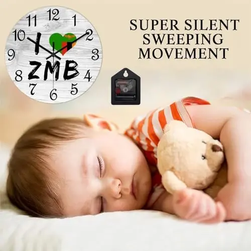 COCOKEN I Love Zambia Wooden Wall Clock Zambia National Flag Hanging Wall Clock Battery Operated Non-Ticking Sweep 12 Inch Rustic Chic Farmhouse Wall Clock for Wall Laundry - 4