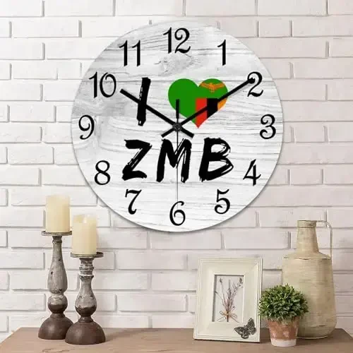 COCOKEN I Love Zambia Round Wooden Clock for Wall Decor Zambia National Flag Farmhouse Wall Clock 15 Inch Silent Non-Ticking Wood Clock for Office Classroom Wall Art 