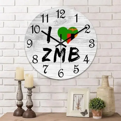 COCOKEN I Love Zambia Round Wall Clock Zambia National Flag Clock Wall Art Wood Clock Silent Non-Ticking Decorative Wall Clock for Living Room Bedroom Kitchen 10