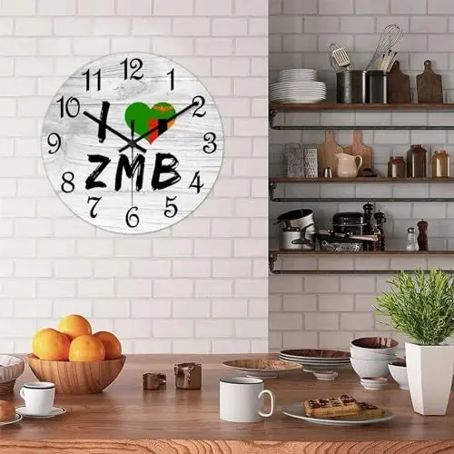 COCOKEN I Love Zambia Round Wall Clock Zambia National Flag Clock Wall Art Wood Clock Silent Non-Ticking Decorative Wall Clock for Living Room Bedroom Kitchen 10