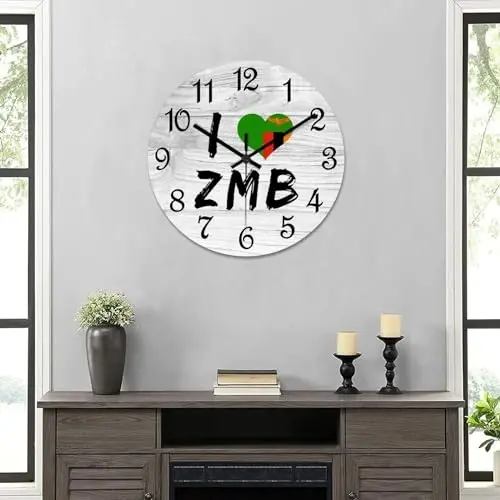 COCOKEN I Love Zambia Round Wall Clock Zambia National Flag Clock Wall Art Wood Clock Silent Non-Ticking Decorative Wall Clock for Living Room Bedroom Kitchen 10