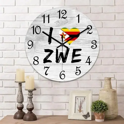 COCOKEN I Love Zimbabwe Wooden Wall Clock Zimbabwe National Flag Quiet Digital Round Wall Clock Wood Clock Stylish Wall Decor Home Decor Clock for Dining Room Farmhouse - 1
