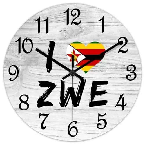 COCOKEN I Love Zimbabwe Round Wall Clock Zimbabwe National Flag Clock Wall Art Wood Clock Silent Non-Ticking Decorative Wall Clock for Living Room Bedroom Kitchen 10