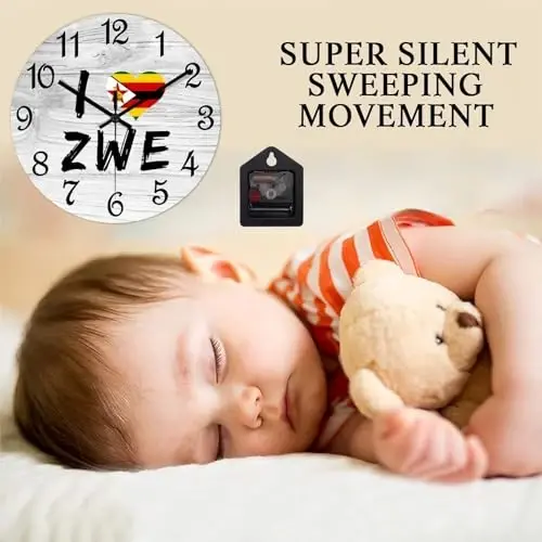 COCOKEN I Love Zimbabwe Round Wall Clock Zimbabwe National Flag Clock Wall Art Wood Clock Silent Non-Ticking Decorative Wall Clock for Living Room Bedroom Kitchen 10