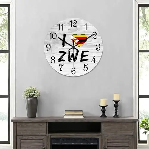 COCOKEN I Love Zimbabwe Round Wall Clock Zimbabwe National Flag Clock Wall Art Wood Clock Silent Non-Ticking Decorative Wall Clock for Living Room Bedroom Kitchen 10