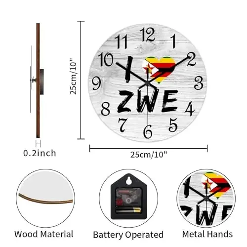 COCOKEN I Love Zimbabwe Round Wall Clock Zimbabwe National Flag Clock Wall Art Wood Clock Silent Non-Ticking Decorative Wall Clock for Living Room Bedroom Kitchen 10