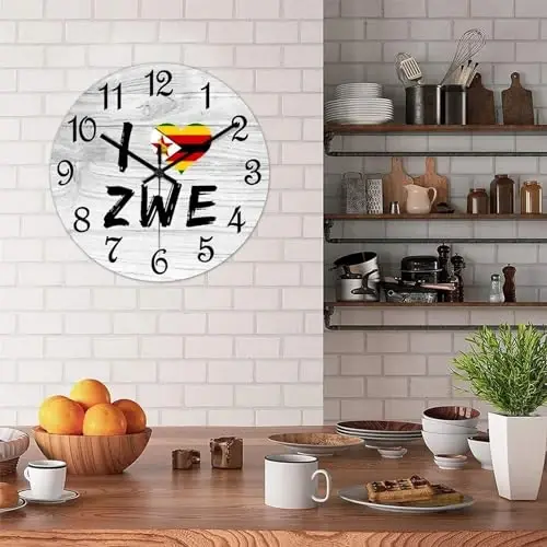 COCOKEN I Love Zimbabwe Round Wall Clock Zimbabwe National Flag Clock Wall Art Wood Clock Silent Non-Ticking Decorative Wall Clock for Living Room Bedroom Kitchen 10