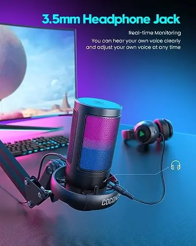 COCONISE Gaming Microphone, USB PC Mic for Podcasts Videos, Streaming, Condenser Mic with Quick Mute, Tripod Stand, Pop Filter, RGB Indicator, Shock Mount, Rotate gain button, Compatible with PS4/5/PC - 4