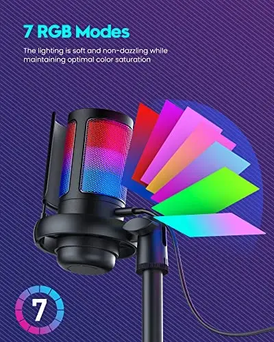 COCONISE Игровой микрофон, USB-микрофон для ПК для подкастов, видео, потоковой передачи, конденсаторный микрофон с быстрым отключением звука, штатив, поп-фильтр, RGB-индикатор, амортизатор, поворотный регулятор усиления, совместимый с PS4/5/PC - 4