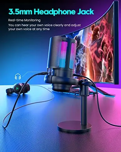 COCONISE Игровой микрофон, USB-микрофон для ПК для подкастов, видео, потоковой передачи, конденсаторный микрофон с быстрым отключением звука, штатив, поп-фильтр, RGB-индикатор, амортизатор, поворотный регулятор усиления, совместимый с PS4/5/PC - 5