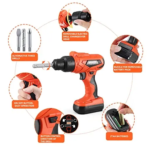 Kids Tool Set – Zealous 48 pcs Toddler Tool Set with Tool Box & Electronic Toy Drill, Pretend Play Kids Toys, Toy Construction Tools for Kids Ages 3,4,5,6,7,8 Years Old (A-Orange) - 1