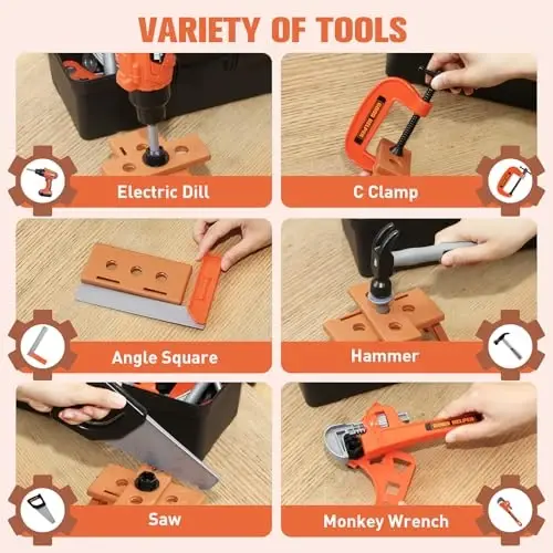 Kids Tool Set – Zealous 48 pcs Toddler Tool Set with Tool Box & Electronic Toy Drill, Pretend Play Kids Toys, Toy Construction Tools for Kids Ages 3,4,5,6,7,8 Years Old (A-Orange) - 2