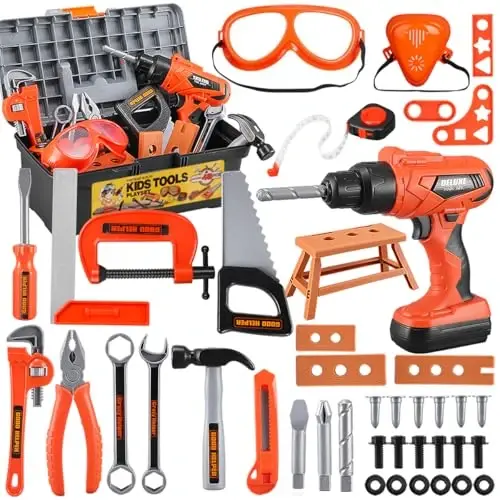 Kids Tool Set – Zealous 48 pcs Toddler Tool Set with Tool Box & Electronic Toy Drill, Pretend Play Kids Toys, Toy Construction Tools for Kids Ages 3,4,5,6,7,8 Years Old (A-Orange) - 6
