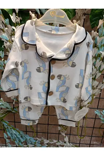 Çocuk Alt-Üst Önden Düğmeli Pijama Takımı-Papağanlı 