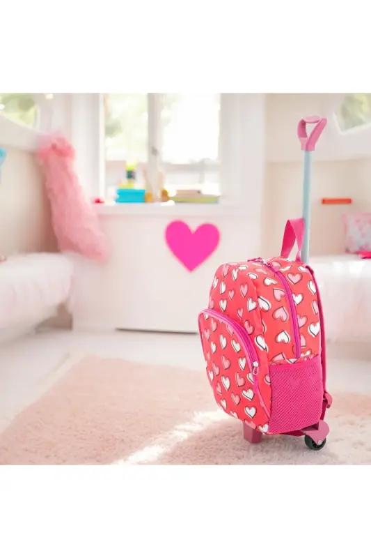 Çocuk Anaokulu Kreş Çekcekli Çanta 2 Bölmeli Suluklu Sırt Günlük Kullanım Baskılı Okul Öncesi Çanta - Pembe Kalpli - 6