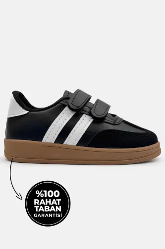 Çocuk Ayakkabı Spor Rahat ve Hafif Taban Unisex Cırtlı Siyah Unisex Çocuk Sneaker - Siyah 2 