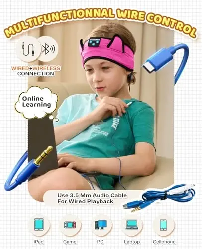KIDSBAND Kids Headband Headphones, Baby Headphones, Wireless and Wired Playback 3.5 MM Jack for School, Foldable Adjustable Children Headset for Girls Boys,Kindle Tablet Cellphones Airplane Travel - 5