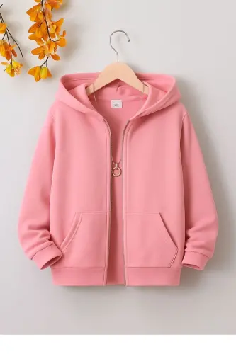 Çocuk Baskısız Fermuarlı Hırka/Ceket-Pembe 
