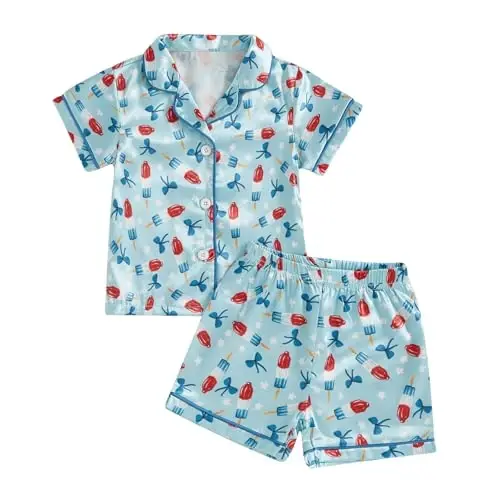 Kids Baby Girl Boy Satin Pajamas Set Short sleeve Button Down Shirt And Shorts Pjs Summer Sleepwear Nightwear - 1